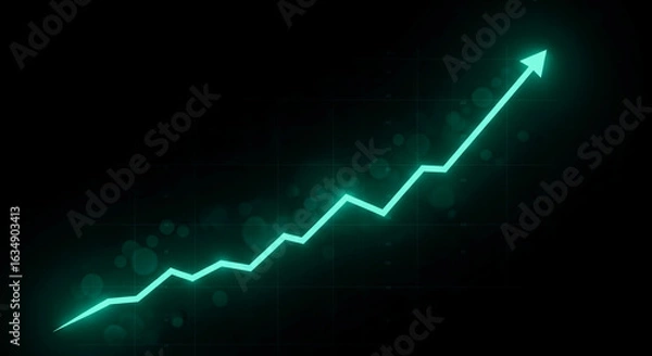 Fototapeta Glowing teal arrow graph on dark background, showcasing upward trend, symbolizing growth, success, and progress in business