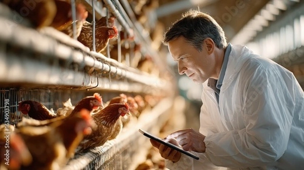 Obraz Farmer Managing Poultry Farm With Tablet in Modern Chicken Coop