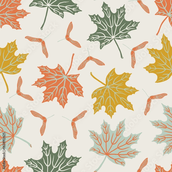 Fototapeta Colorful maple leaves seamless pattern. Autumn, fall season background. Atumn forest leaves print. Thanksgiving design. Textile, paper design.