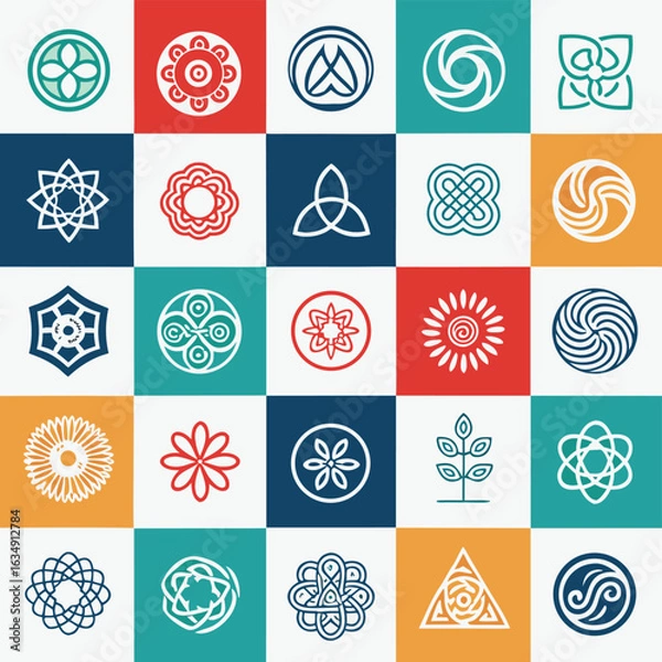 Fototapeta Twenty Five Geometric Abstract Circular and Organic Symbols on Color Blocks vector