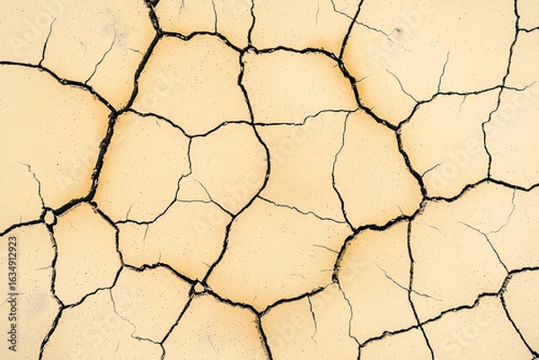 Fototapeta Pale tan cracked earth forms irregular polygons with dark fissures, creating a dry texture. Concept of drought, parched land, arid conditions, natural pattern, earth.