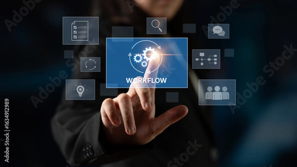 Fototapeta Workflow optimization concept featuring interconnected gears, task management, collaboration, process mapping, review, and automation for business productivity and efficiency Latch