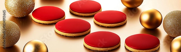 Fototapeta Rows of round cookies with red frosting alternate with shiny gold Easter eggs on a reflective gold surface. Concept of Easter, holiday, sweets, celebration, elegant.