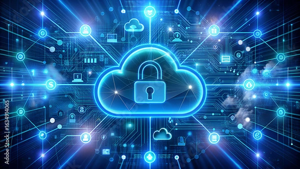 Fototapeta Secure cloud computing network with glowing padlock symbol representing data protection and digital security