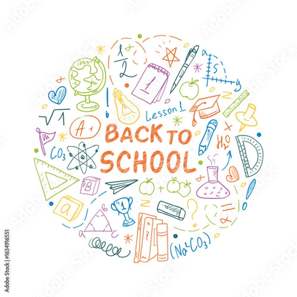Fototapeta Back to School ornament in the form of a circle with hand-drawn school drawings. Template for the concept of education with school supplies. Round design for posters, labels, and stickers.
