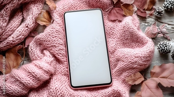 Obraz Smartphone with a blank screen rests on a pink knitted fabric background.