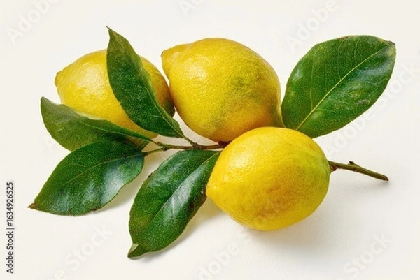 Fototapeta Three ripe yellow lemons on a branch with vibrant green leaves, isolated on a white background