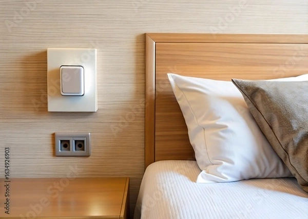 Obraz Modern hotel room bedside with light switch and power outlet near headboard