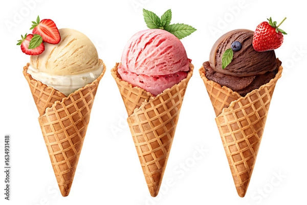 Fototapeta Ice Cream Scoops in Cones On AI generated by PNG