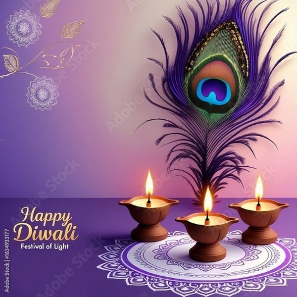 Fototapeta Peacock Feather with Traditional Diwali Diyas and Mandala, Elegant Indian Festival of Lights Greeting Card, AI-Generated