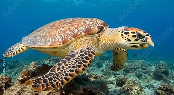 Obraz A sea turtle swimming gracefully over a vibrant coral reef in clear blue ocean waters close up view