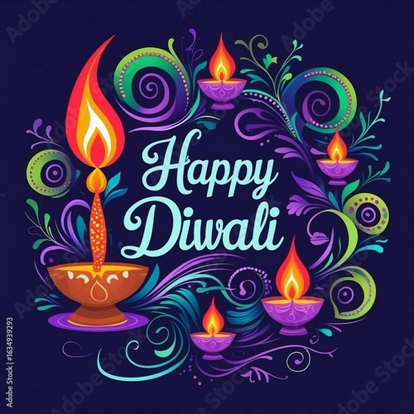 Fototapeta Colorful Happy Diwali Greeting Card with Artistic Diyas and Festive Floral Design - AI-Generated