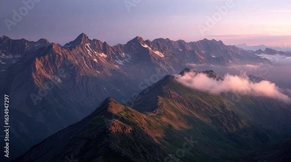 Fototapeta Breathtaking mountain range bathed in soft sunrise light, showcasing rugged peaks and misty valleys.