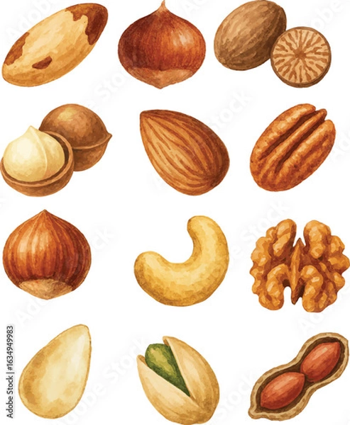 Obraz Collection of watercolor vector illustartions of various types of nuts such as cashew, hazelnut, walnut, pistachio, pecan, nutmeg, almond, chestnut, peanut, pinenut, brazil nut