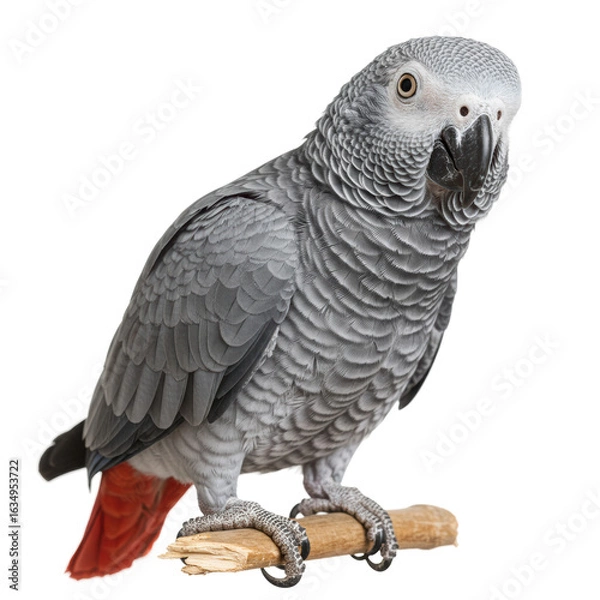 Fototapeta A beautiful grey parrot with striking red tail feathers perches on a branch.