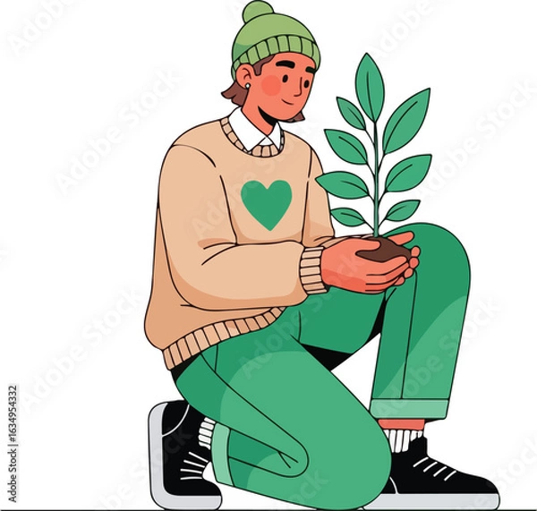 Obraz Man holding a plant, symbolizing love for nature and environment