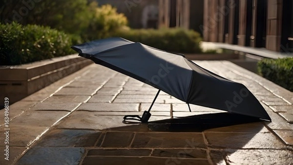 Fototapeta Black umbrella lying open on wet stone pavement in an urban setting