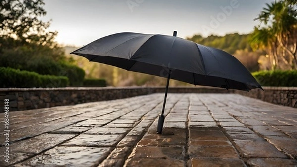 Obraz Black umbrella lying open on wet stone pavement in an urban setting