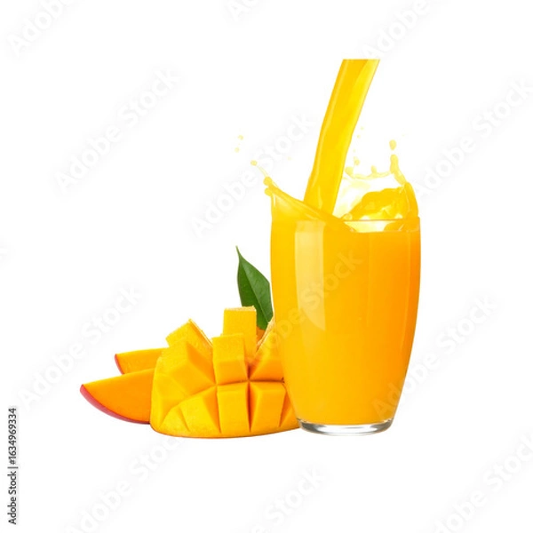 Fototapeta le Mango Juice Pouring into Glass, Adjacent Mango Slices, Action Shot, Isolated
