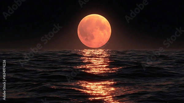 Fototapeta Orange moon reflecting on dark ocean waves reflection night