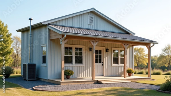 Fototapeta Modern small farmhouse with covered porch on rural property