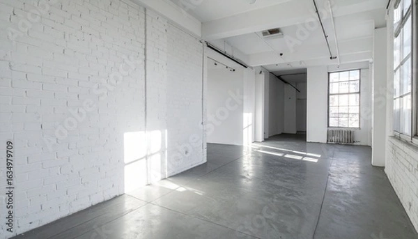 Fototapeta 白レンガの壁とコンクリート床に午後の光が差し込む、インダストリアル感のあるコンテンポラリーロフト空間デザイン

