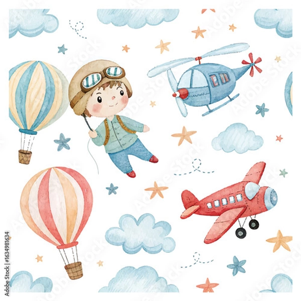 Fototapeta Watercolor set background illustration of a cute cartoon and fancy sky scene complete with airplanes, helicopters, plane and balloons, clouds. Boy seamless pattern. It's a baby shower design