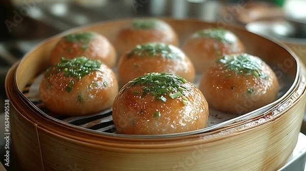 Obraz Round buns in a bamboo steamer.