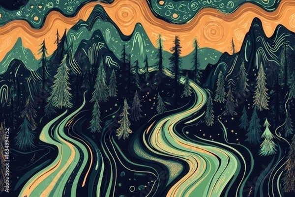 Fototapeta Nature Crossing Border – Stylized Mountain and River Pattern