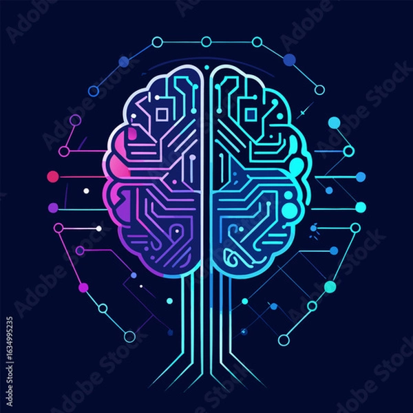 Fototapeta AI-inspired brain circuit board background with neon effect lines, editable clean vector.

