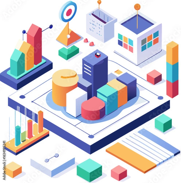 Fototapeta Corporate infographic background with isometric 3D charts and data points over white canvas.