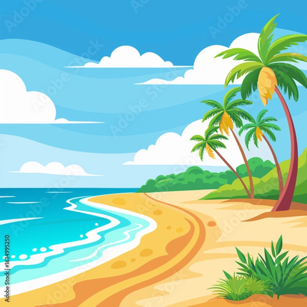 Fototapeta Editable summer beach scene vector, clear sky, sand texture, and sea waves with bright white backdrop.