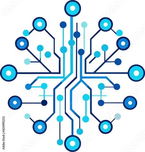 Fototapeta Editable vector of abstract tech circuit lines with glowing blue nodes on white background.