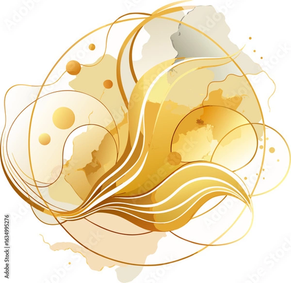 Fototapeta Luxury abstract background with golden lines and fluid organic shapes on white backdrop, soft watercolor textures blended in minimalist style.