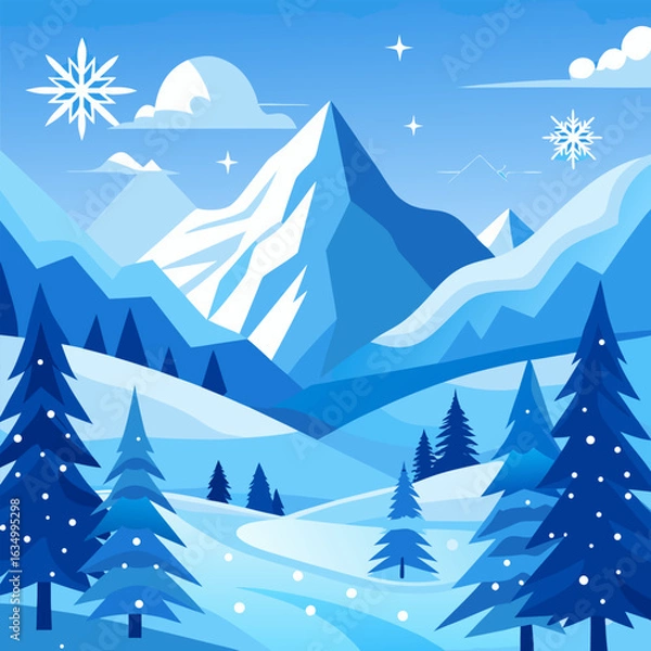 Fototapeta Winter landscape with snowflakes, pine trees and mountains, soft blue and white colors, vector background.