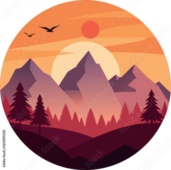 Fototapeta Sunset behind mountains with flat style trees and birds, soft gradients with editable vector, white background.