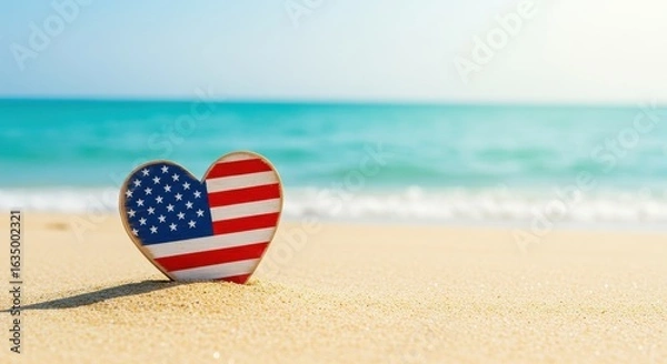 Fototapeta Patriotic Heart with USA Flag Design Rests on a Sunlit, Golden Sandy Beach