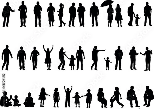 Fototapeta Silhouettes of people in various poses, walking, standing, interacting, family groups, children, adults, black figures, white background, diversity