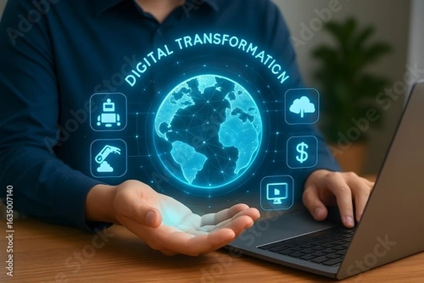 Fototapeta concept of digital transformation on a global scale. A person's hand is supporting a holographic globe that is connected to a series of icons, highlighting the integration of various technologies—from