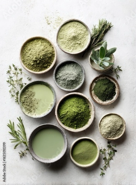 Fototapeta Assorted green powders and herbs in small bowls on a light background, showcasing various shades and textures
