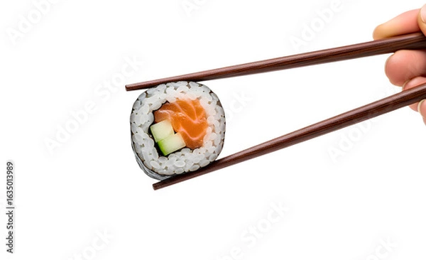 Obraz PNG chopsticks holding sushi maki roll with salmon and cucumber, Japanese food on transparent background