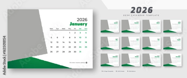 Fototapeta Desk calendar 2026 template | corporate desk calendar schedule 2026 monthly 12-page planner layout | week starts on Monday