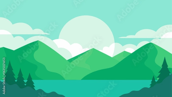 Fototapeta Serene mountain landscape with lake and clouds