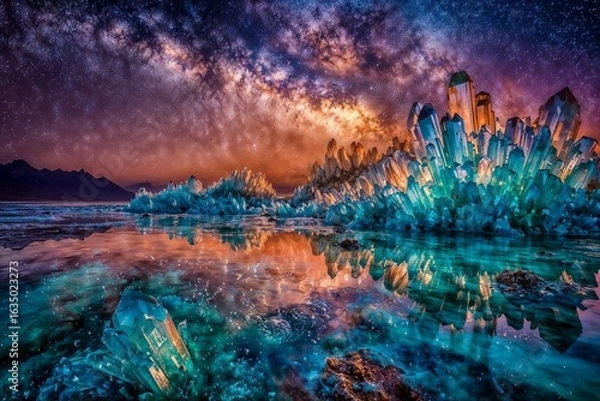 Fototapeta Aurora Borealis lights up the night sky over a beautiful lake, with a silhouette of giant crystals in the foreground