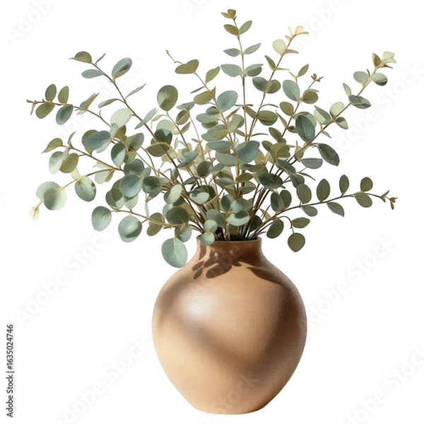 Fototapeta Eucalyptus in earthen vase: A collection of lush green eucalyptus branches, their leaves perfectly formed, are artfully arranged in a rustic earthen vase, creating a natural and elegant composition. 