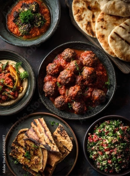 Fototapeta Overhead shot of a vibrant Middle Eastern mezze spread featuring grilled pita bread, meatballs in tomato sauce, various dips, and salads