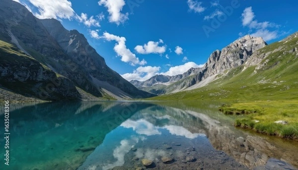 Fototapeta Vibrant mountain landscape with crystal clear blue lake reflecting dramatic rocky peaks, green grassy slopes under bright blue sky with fluffy white clouds. Serene scenery invites exploration,