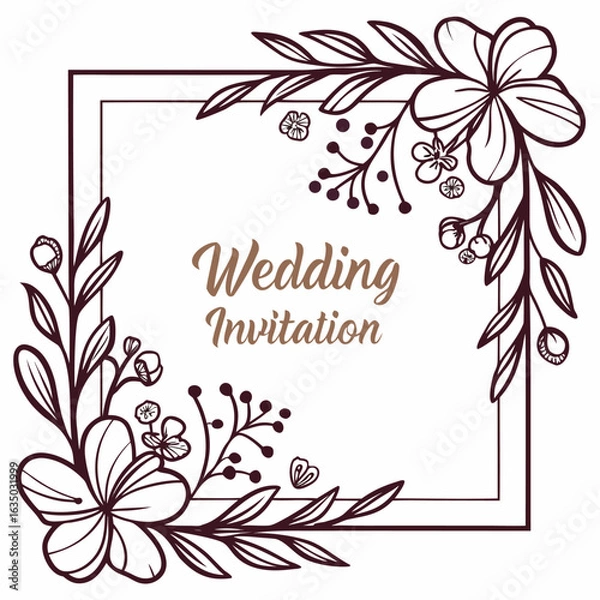 Fototapeta Wedding invitation vector with floral border, golden text area in center and clean white background.