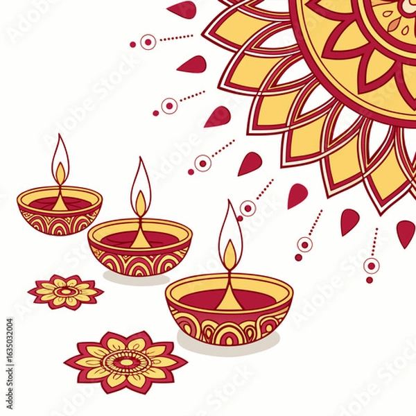 Fototapeta Vector Diwali background with diyas, mandala patterns and glowing lights on white space.