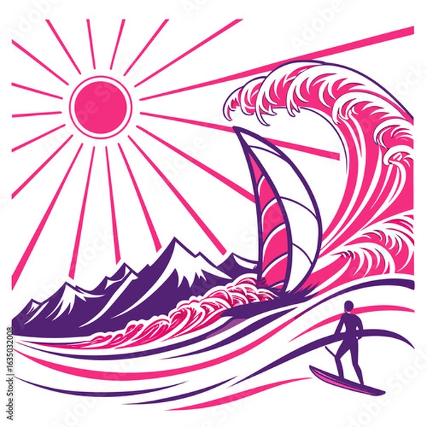 Fototapeta Retro wave background with neon colors, sun and mountain silhouette in flat vector on white.